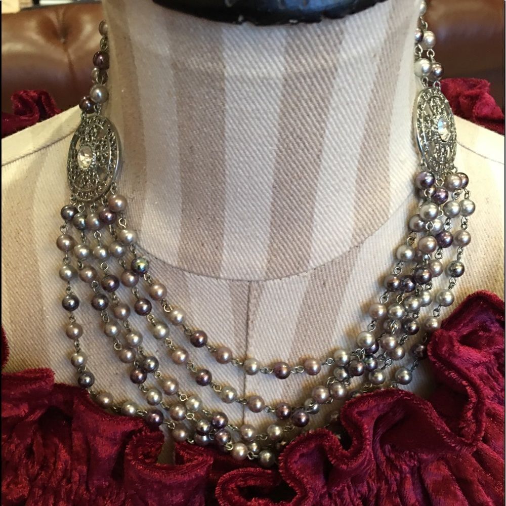 GORGEOUS SILVER Beaded Necklace with Side Coins &